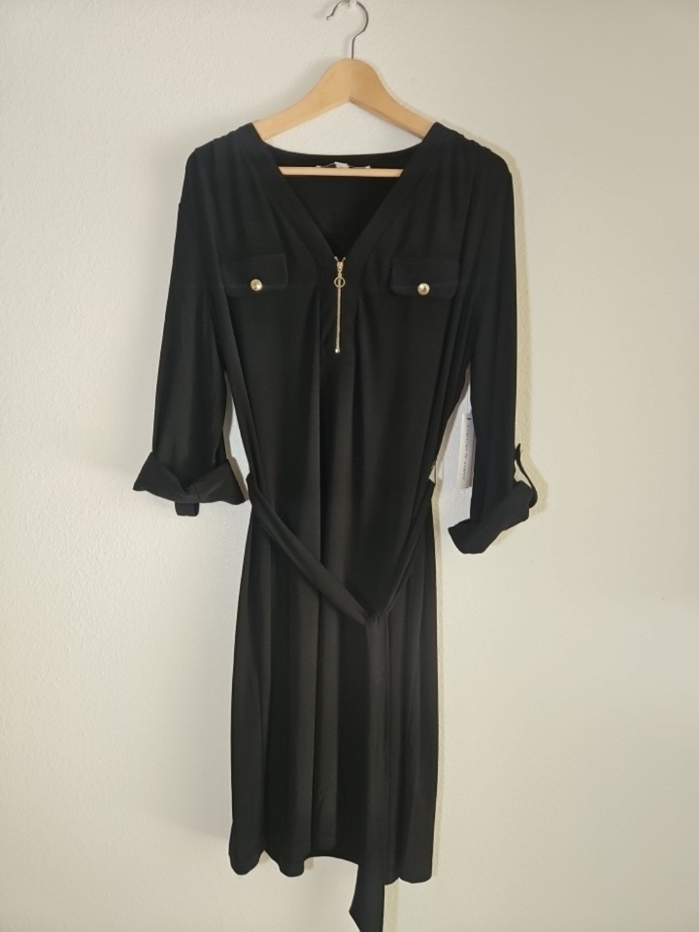 Black Belted V-Neck Shirt Dress with Gold Zip